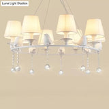 Metal Chandelier With Crystal Accents - Elegant White Bucket Shade Hanging Lamp For Living Room