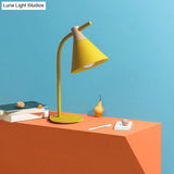 Metal Conical Table Lamp - Macaron Single-Bulb Nightstand Light With Bend Arm For Bedroom