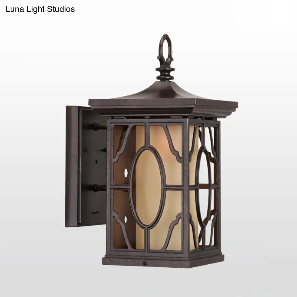 Metal Dark Coffee Wall Lantern With Frosted Glass Shade - Rural Sconce Light