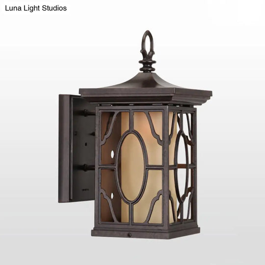 Metal Dark Coffee Wall Lantern With Frosted Glass Shade - Rural Sconce Light