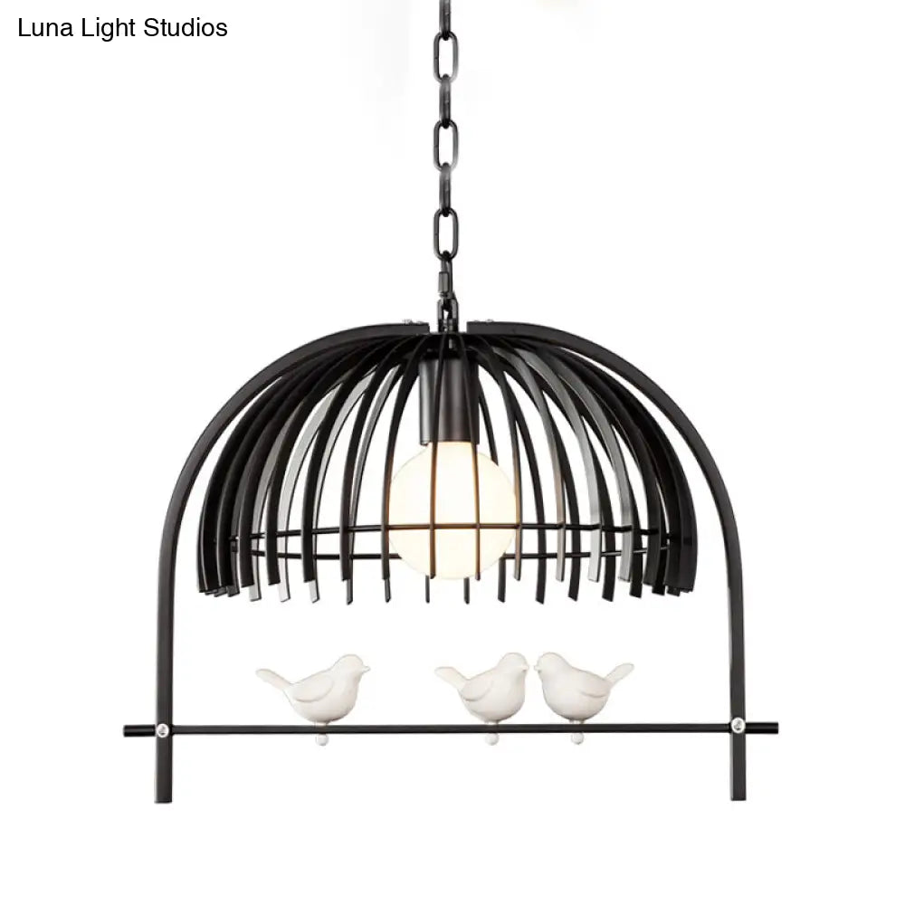 Lodge Style Metal Dome Pendant Light W/ Bird Cage Design - 1 Bulb Hanging Lamp Black/White
