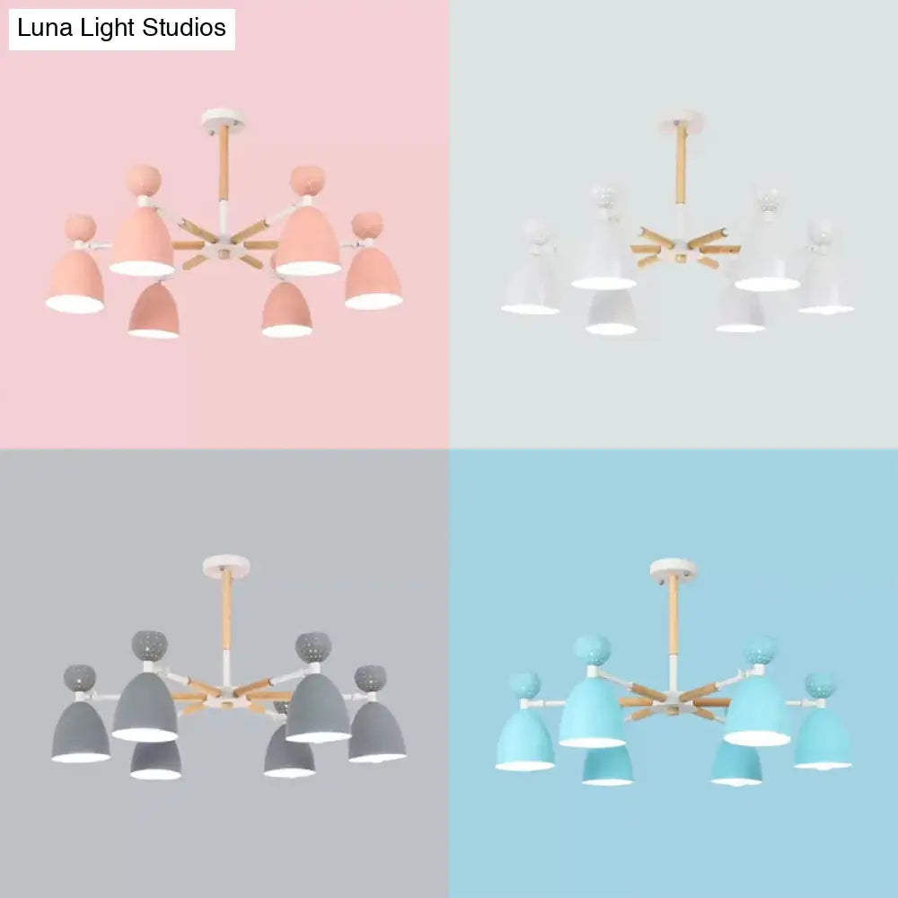 Metal Domed Shade Chandelier - Macaron Loft Hanging Light For Childs Bedroom (6 Heads)