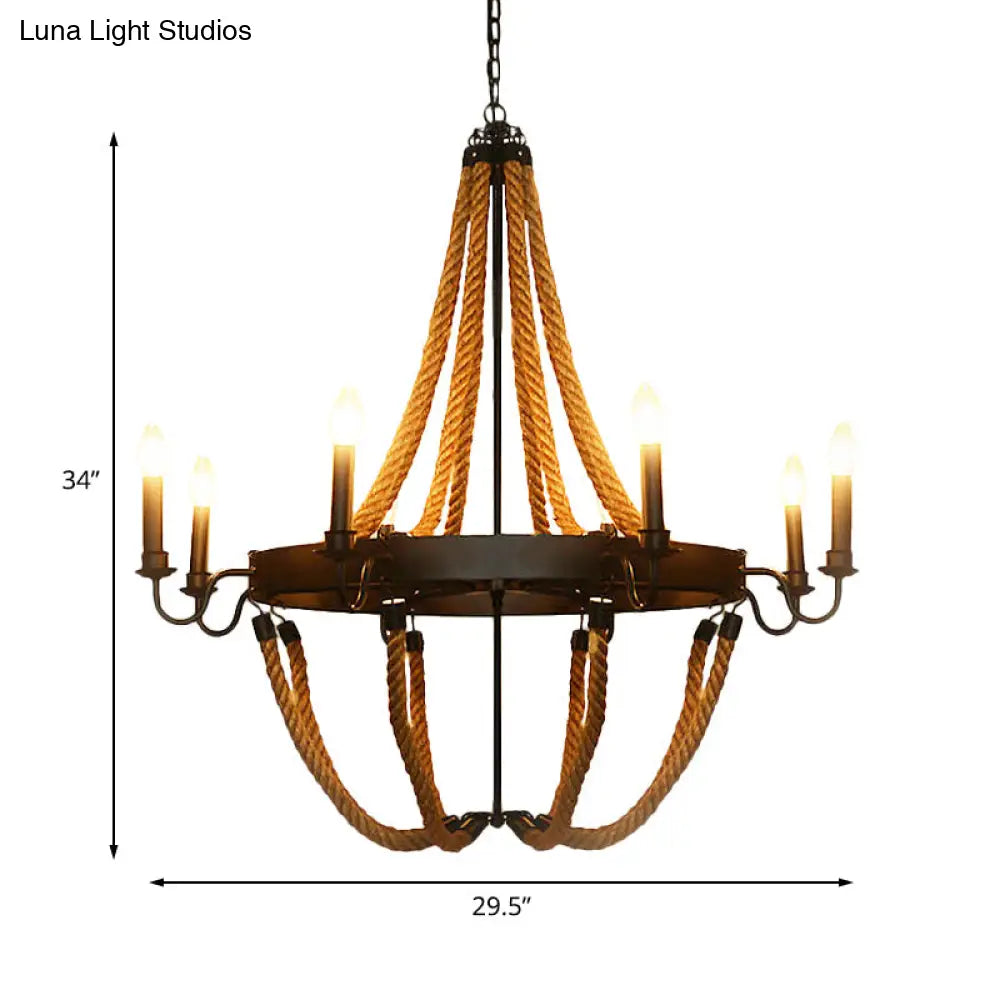 Metal Empire Chandelier - Lodge Style Pendant Lighting For Living Room With Rope Detail 6/8 Lights