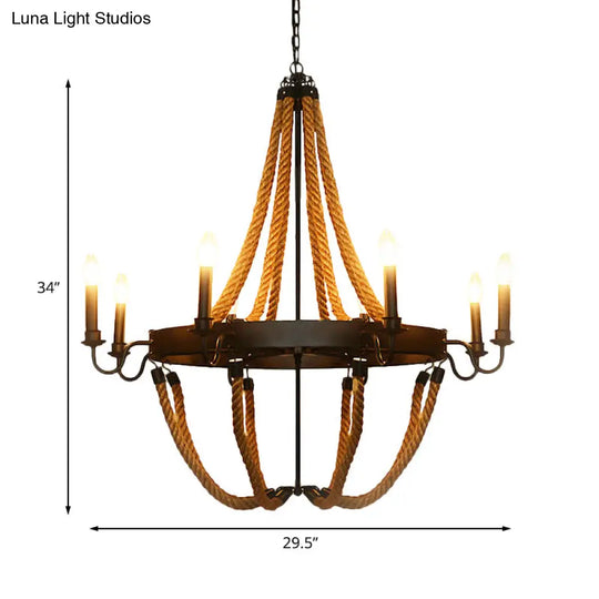 Metal Empire Chandelier - Lodge Style Pendant Lighting For Living Room With Rope Detail 6/8 Lights