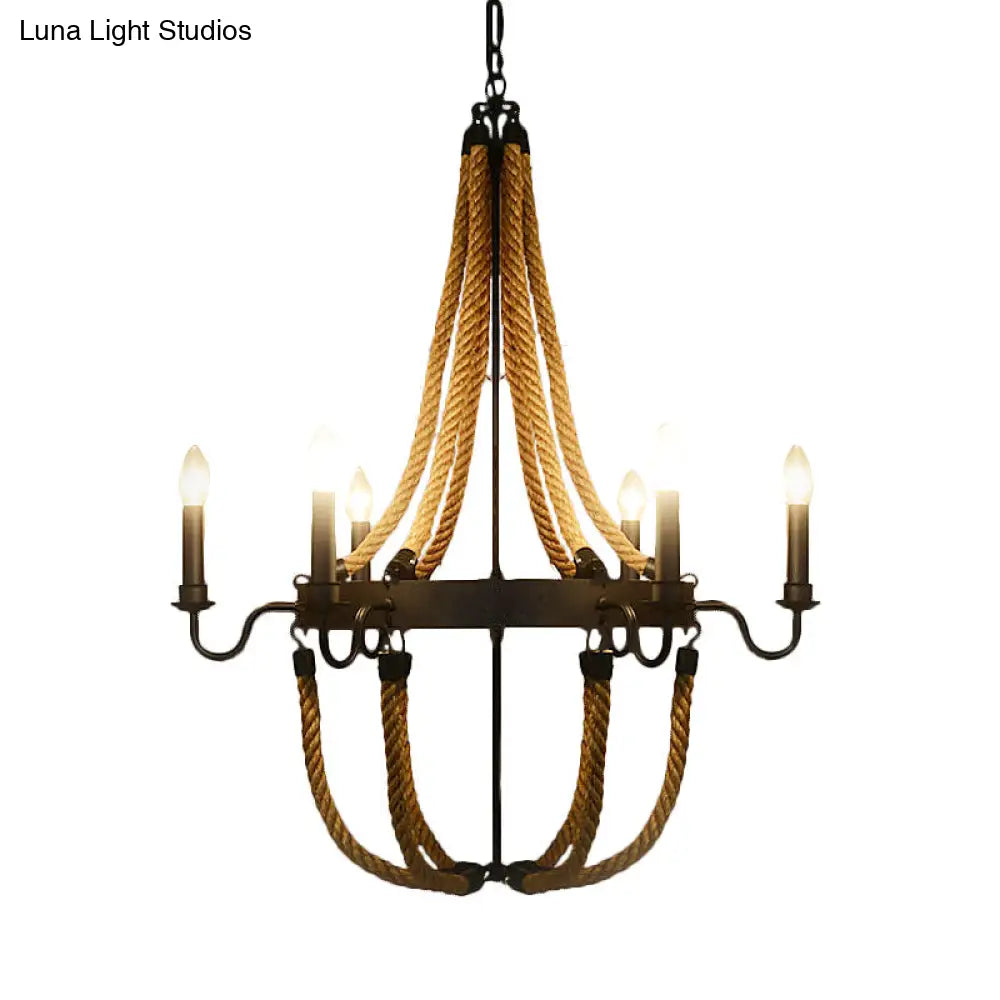 Metal Empire Chandelier - Lodge Style Pendant Lighting For Living Room With Rope Detail 6/8 Lights
