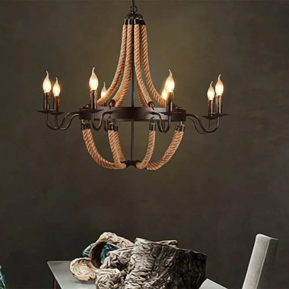 Metal Empire Chandelier - Lodge Style Pendant Lighting For Living Room With Rope Detail 6/8 Lights
