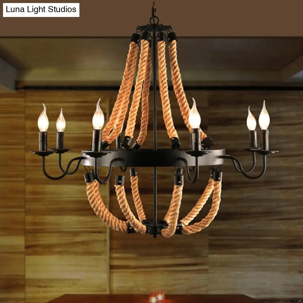 Metal Empire Chandelier - Lodge Style Pendant Lighting For Living Room With Rope Detail 6/8 Lights