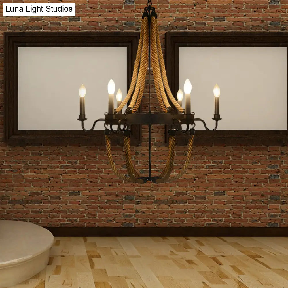 Metal Empire Chandelier - Lodge Style Pendant Lighting For Living Room With Rope Detail 6/8 Lights