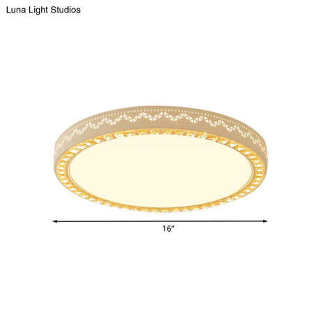 Metal Flat Drum Flush Led Mount Lamp Fixture In White With Crystal Accent