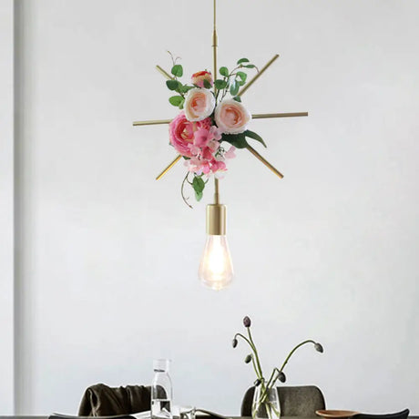 Metal Gold Ceiling Pendant With Artificial Flower: Industrial Hanging Light Fixture Frame Options /