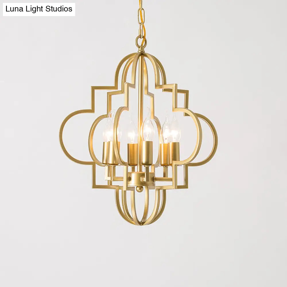 Metal Gold Pendant Chandelier With 6 Light Candle Shade - Classic Fixture For Bedroom