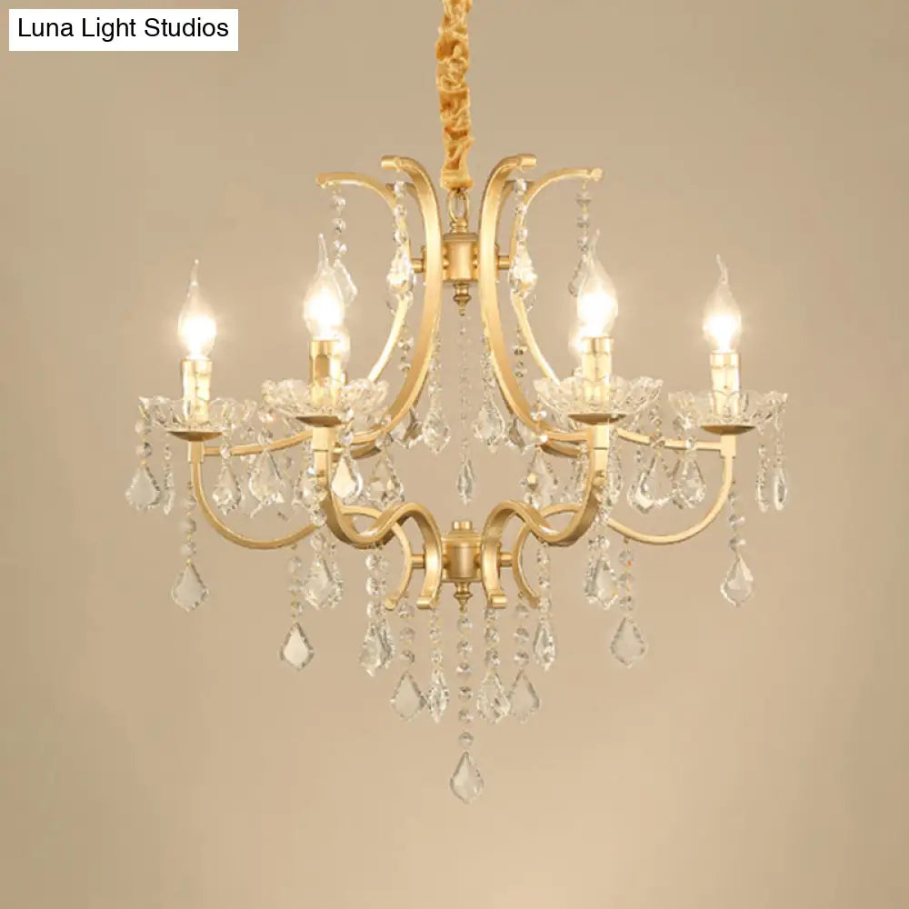 Metal Gold Plated Chandelier: Antique Style Hanging Ceiling Light With Crystal Draping