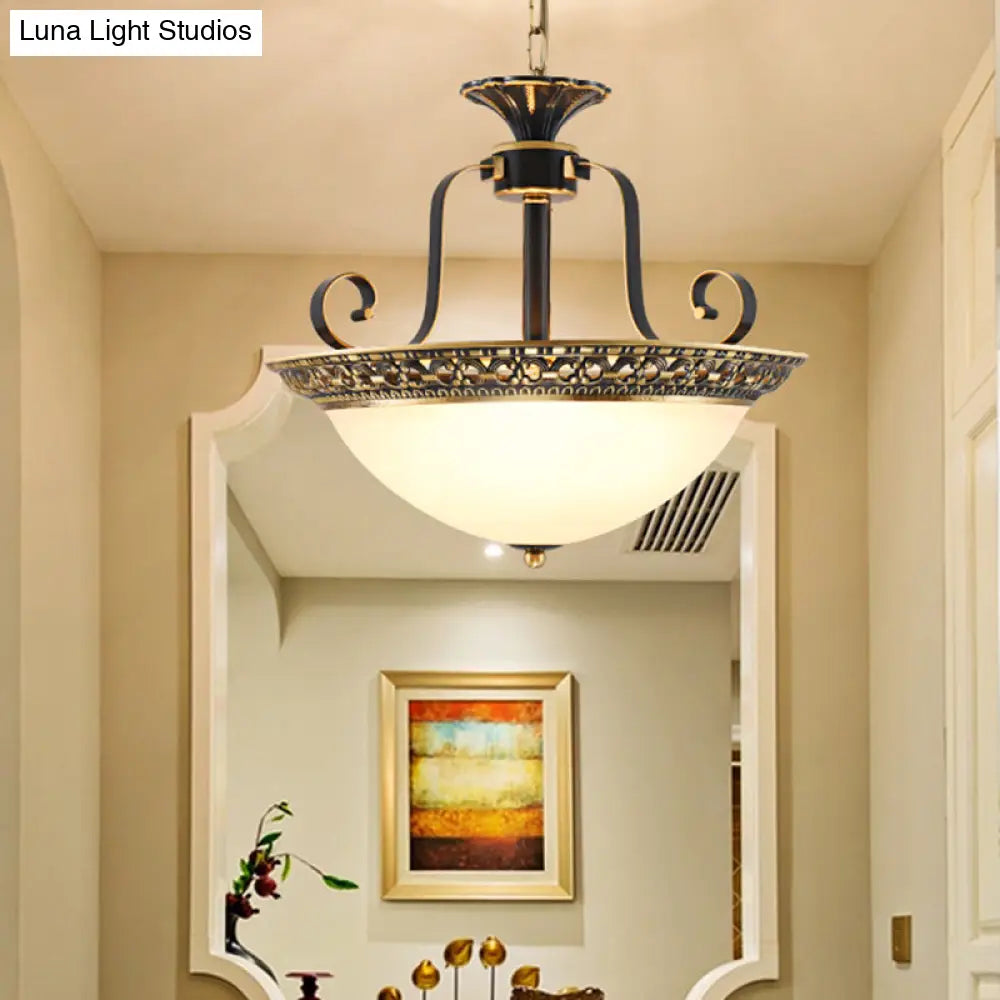 Metal Gray & Black Traditional 3-Light Chandelier Pendant With Frosted Glass Shade