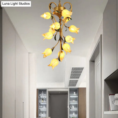 Metal Hanging Chandelier With 12 Bulbs - American Garden Brass Blossom Design Led Pendant Lighting