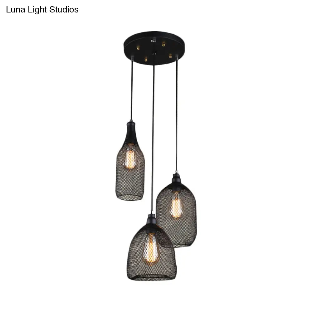 Metal Hanging Mesh Cage Light With Antique Design - 3 Heads Black Shade Ideal For Dining Room