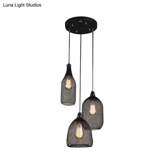 Metal Hanging Mesh Cage Light With Antique Design - 3 Heads Black Shade Ideal For Dining Room