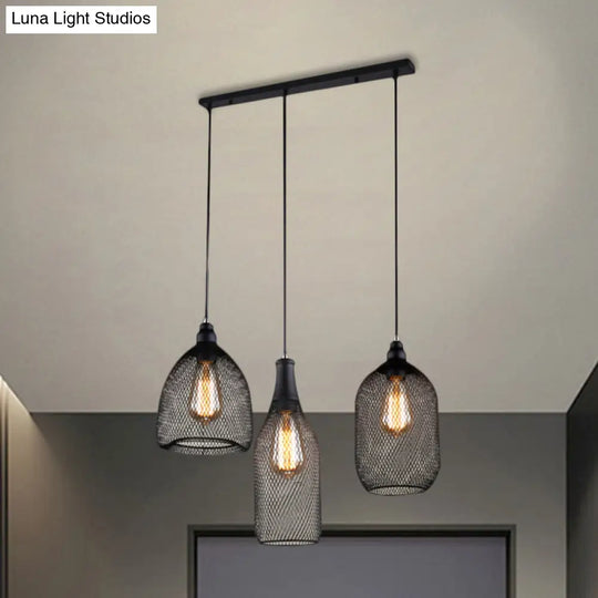 Metal Hanging Mesh Cage Light With Antique Design - 3 Heads Black Shade Ideal For Dining Room
