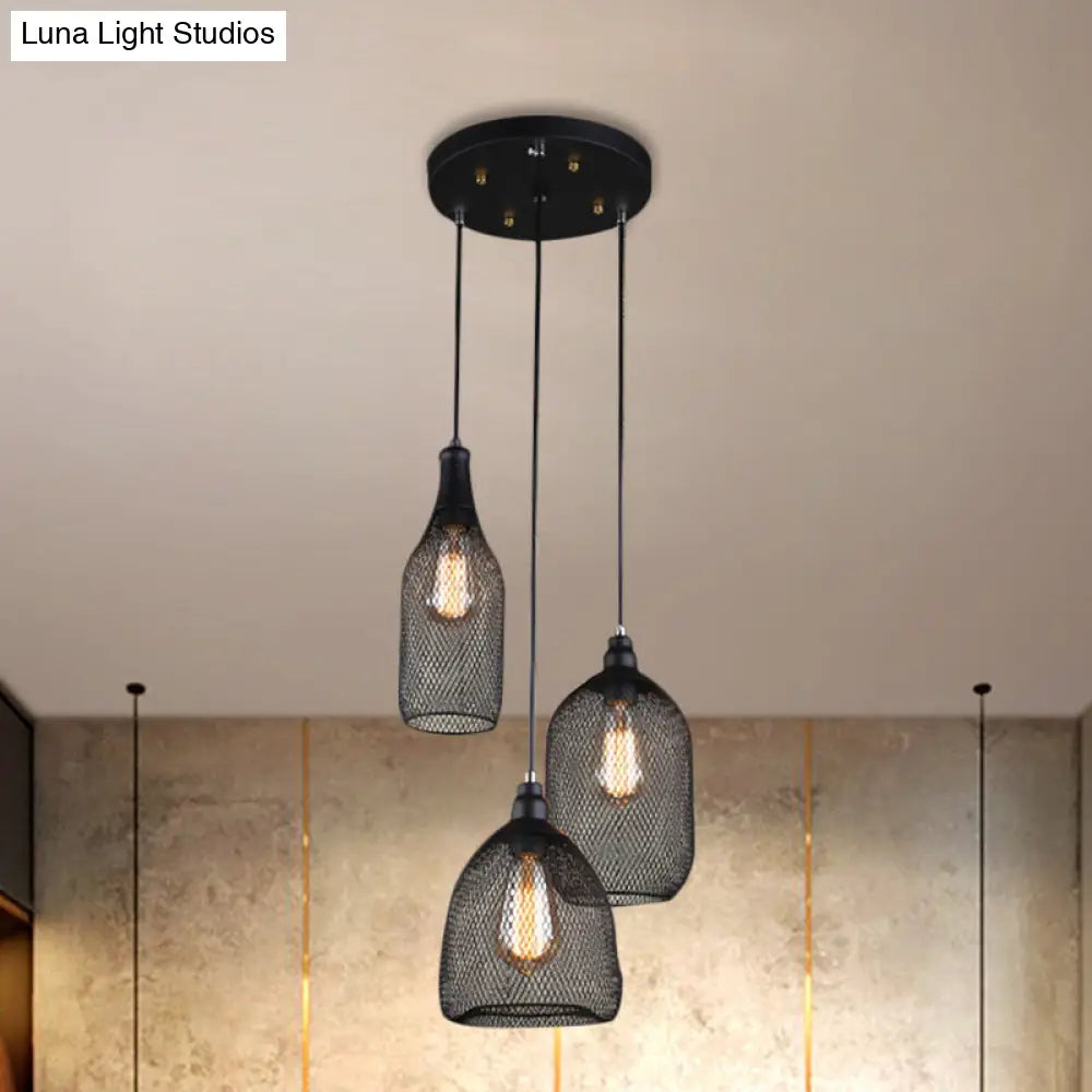 Antique 3-Headed Mesh Cage Hanging Light With Black Shades For Dining Room Suspension / Round
