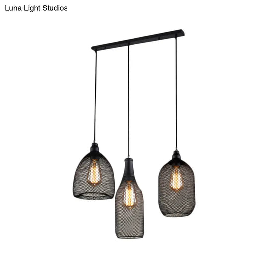 Antique 3-Headed Mesh Cage Hanging Light With Black Shades For Dining Room Suspension