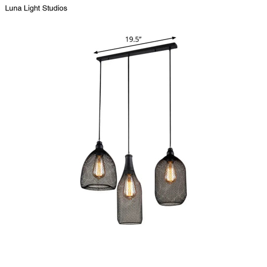 Metal Hanging Mesh Cage Light With Antique Design - 3 Heads Black Shade Ideal For Dining Room