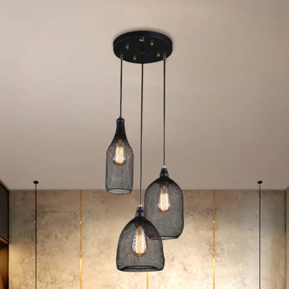 Metal Hanging Mesh Cage Light With Antique Design - 3 Heads Black Shade Ideal For Dining Room