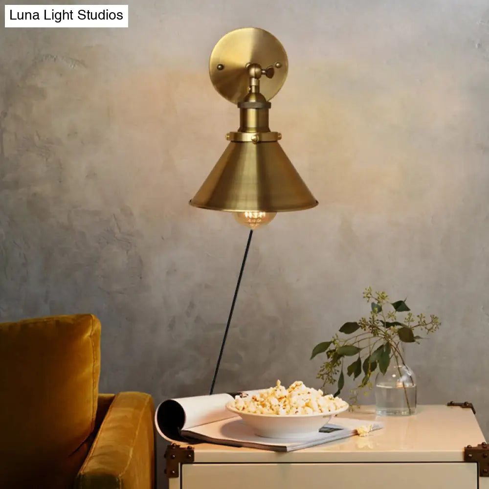 Metal Industrial Indoor Wall Sconce With Conic Shade - Brass Finish