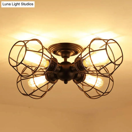 Metal Industrial Pendant Light With Cage Shade - Semi Flush Mount For Living Room (4 Heads Black)