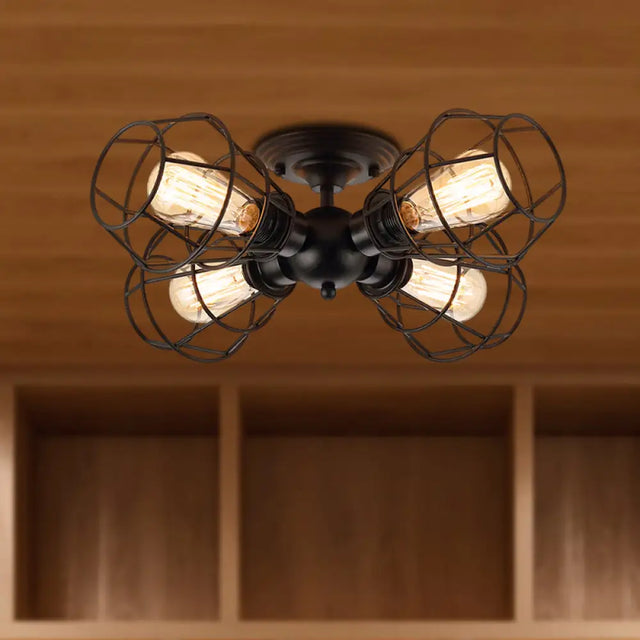 Metal Industrial Pendant Light With Cage Shade - Semi Flush Mount For Living Room (4 Heads Black)