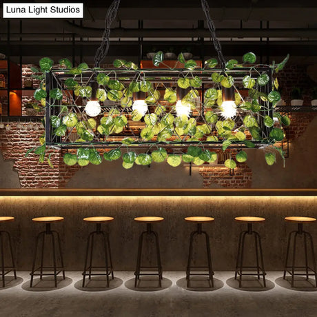 Metal Island Pendant - Antique Black Rectangle With Led Down Lighting And Plant Decor
