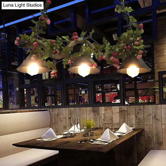 Metal Island Pendant Vintage Black Cone Shape With Plant Decoration - Ideal For Restaurants