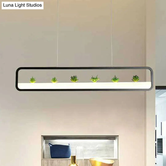 Metal Led Hanging Light For Restaurants: Artistic Rectangle Island Lamp With Imitation Succulents