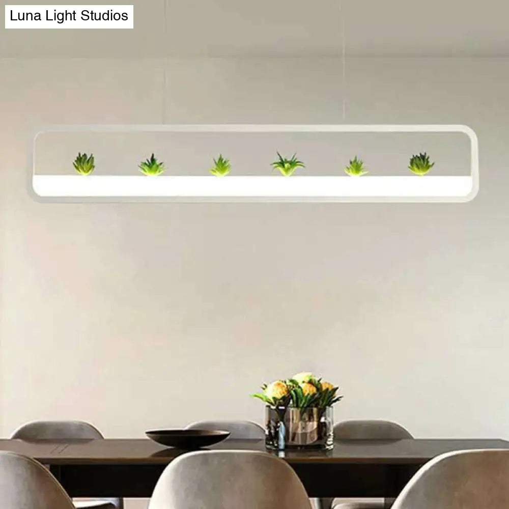 Metal Led Hanging Light For Restaurants: Artistic Rectangle Island Lamp With Imitation Succulents