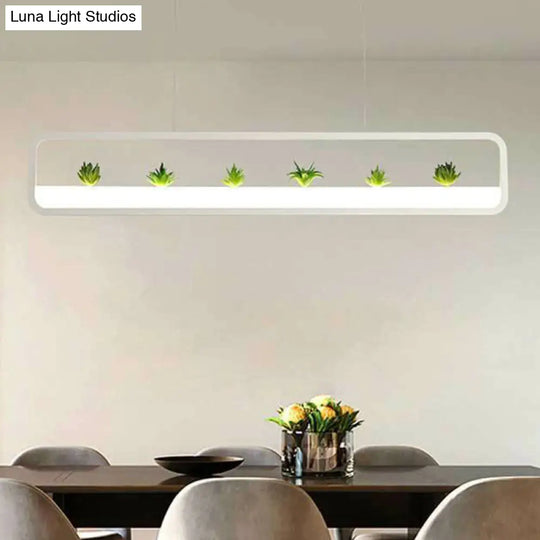 Metal Led Hanging Light For Restaurants: Artistic Rectangle Island Lamp With Imitation Succulents