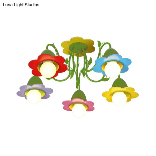 Metal Multi-Colored Pendant Light - Lovely Flower Chandelier For Kindergarten Five Lights