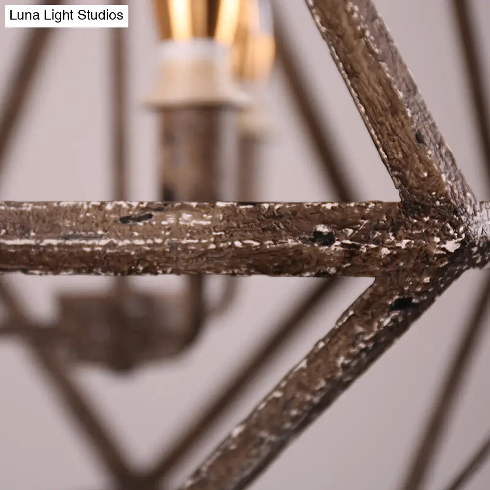 Rustic Metal Prismatic Cage Pendant Lamp - 3 Heads Chandelier Light With Adjustable Chain