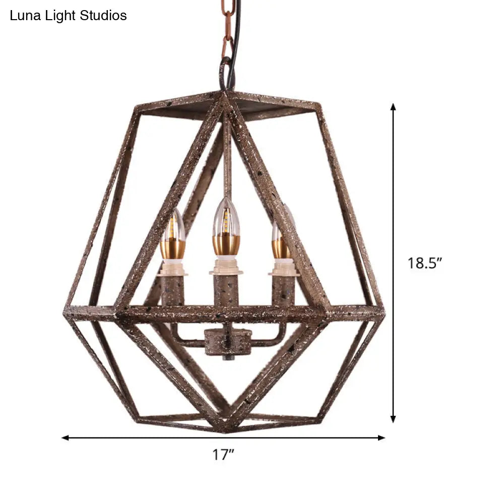 Rustic Metal Prismatic Cage Pendant Lamp - 3 Heads Chandelier Light With Adjustable Chain