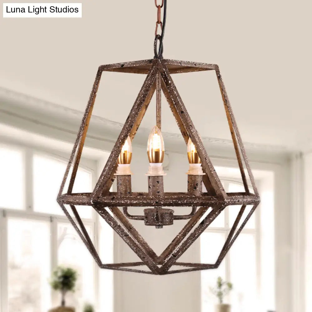 Rustic Metal Prismatic Cage Pendant Lamp - 3 Heads Chandelier Light With Adjustable Chain Rust