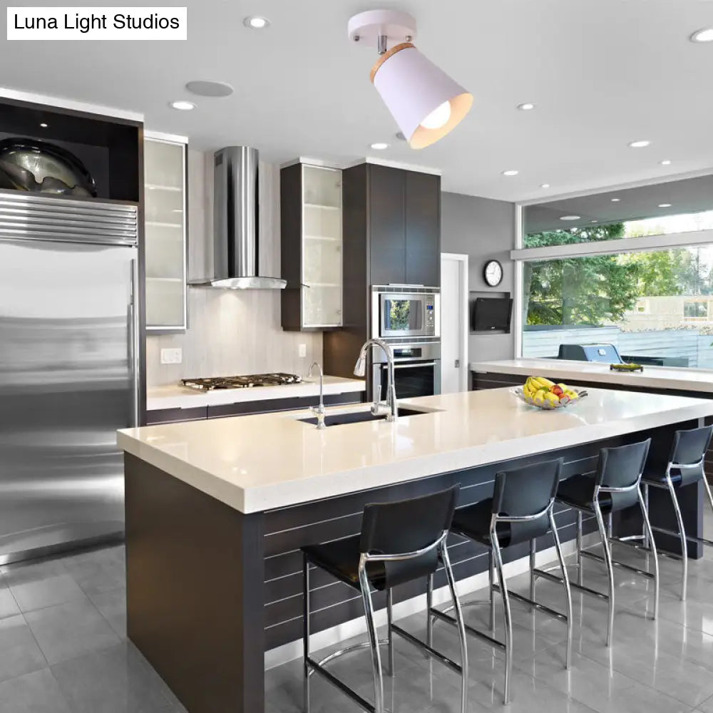 Metal Rotatable Semi Flush Mount Light In White - Modernistic Tapered Shade Ideal For Living Room 1
