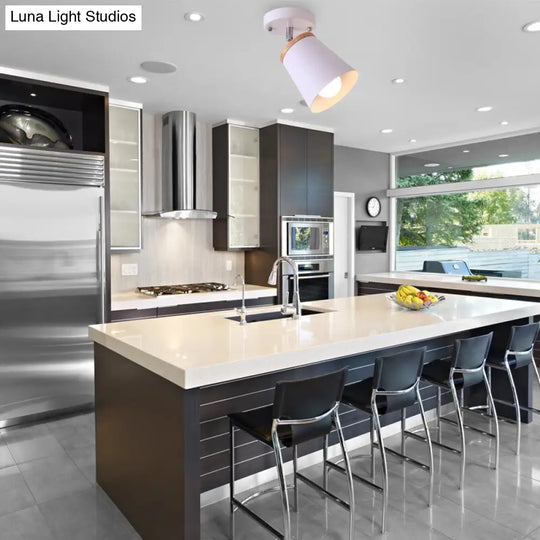 Metal Rotatable Semi Flush Mount Light In White - Modernistic Tapered Shade Ideal For Living Room 1
