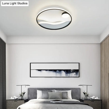 Metal Sunset & Sea Led Ceiling Light With Halo Ring For Bedroom Flush Mounting