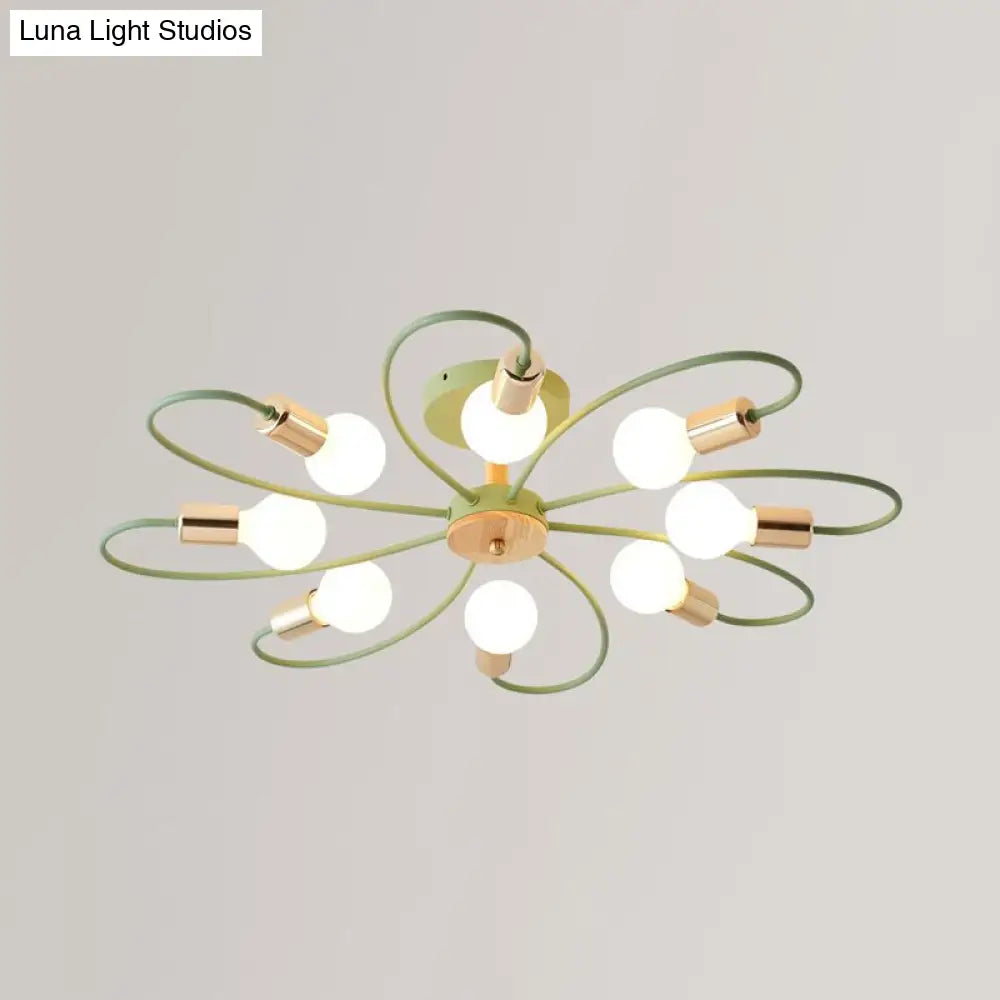 Metal Swirl Industrial Semi Flush Mount Lighting In Grey/Green - 3/6 Lights For Living Room Ceiling