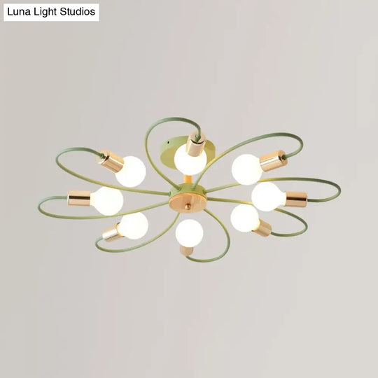 Metal Swirl Industrial Semi Flush Mount Lighting In Grey/Green - 3/6 Lights For Living Room Ceiling