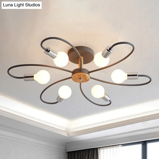 Metal Swirl Industrial Semi Flush Mount Lighting In Grey/Green - 3/6 Lights For Living Room Ceiling
