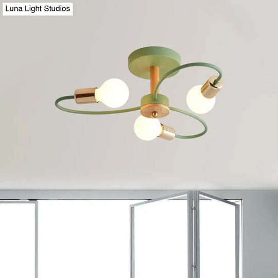 Metal Swirl Industrial Semi Flush Mount Lighting In Grey/Green - 3/6 Lights For Living Room Ceiling