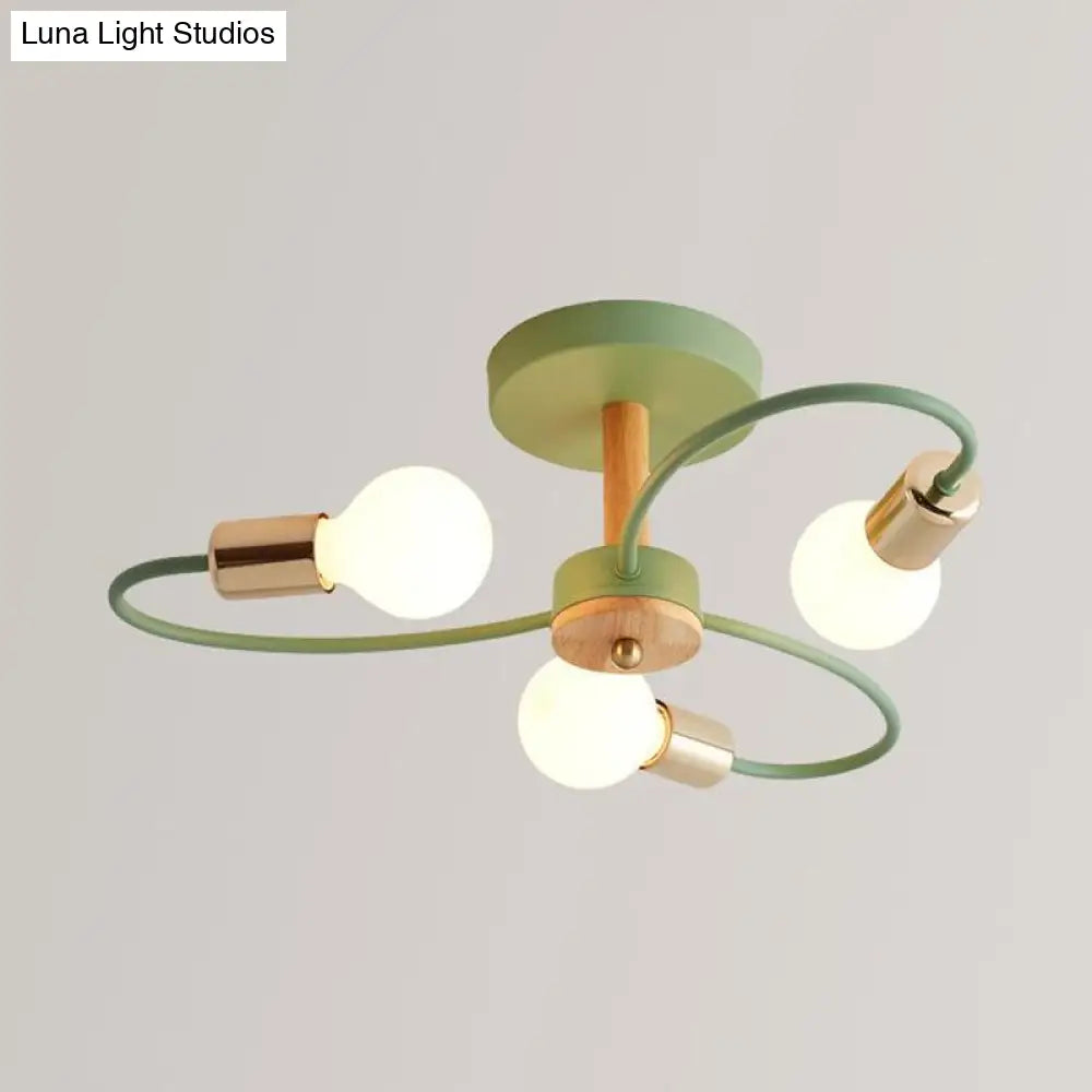 Metal Swirl Industrial Semi Flush Mount Lighting In Grey/Green - 3/6 Lights For Living Room Ceiling