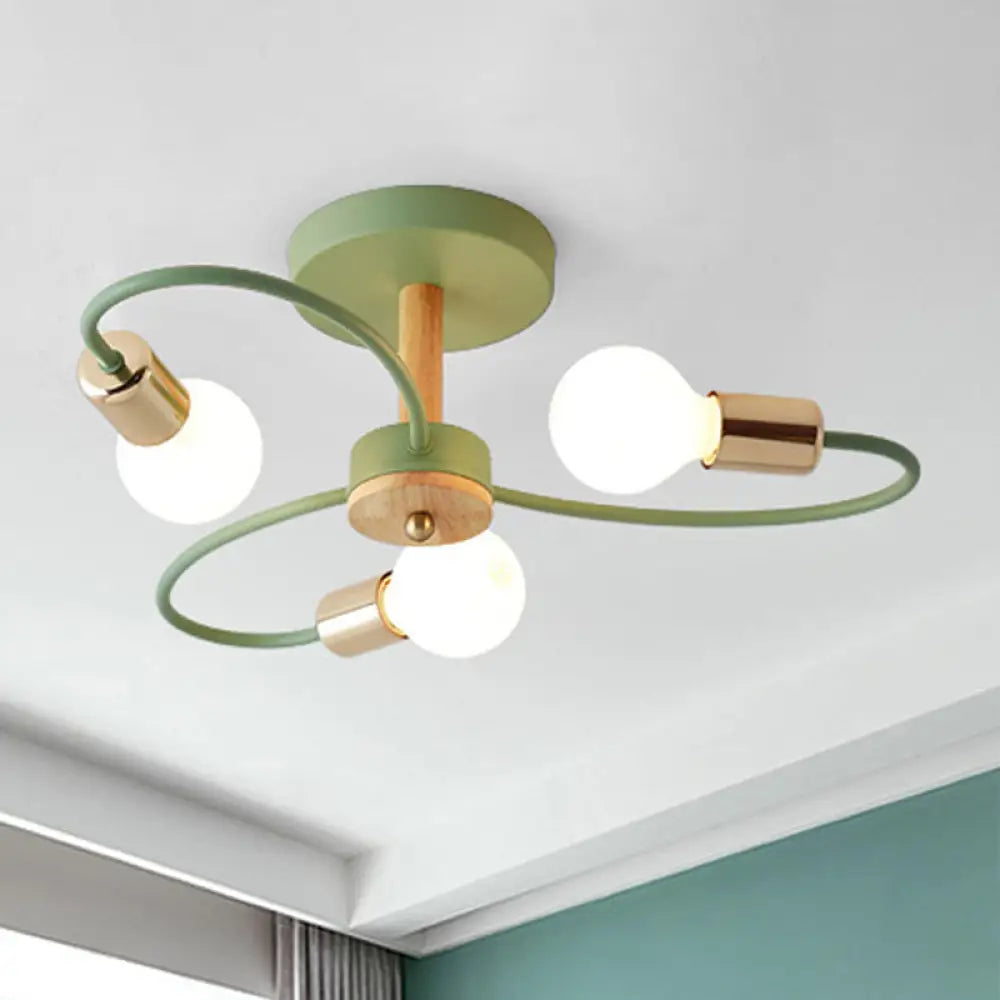 Metal Swirl Industrial Semi Flush Mount Lighting In Grey/Green - 3/6 Lights For Living Room Ceiling