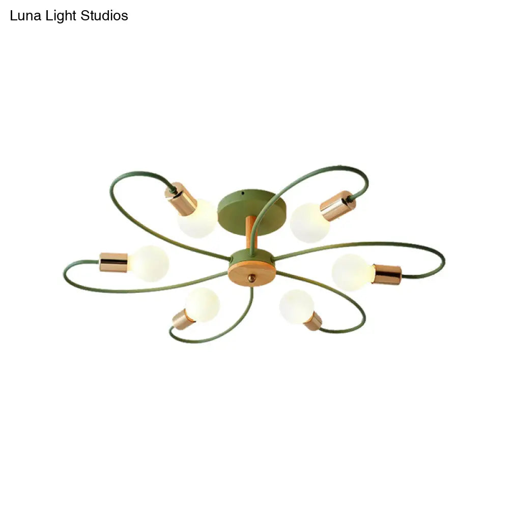 Metal Swirl Industrial Semi Flush Mount Lighting In Grey/Green - 3/6 Lights For Living Room Ceiling
