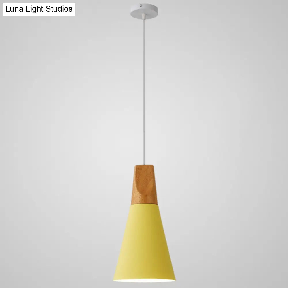 Nordic Style Metal Hanging Ceiling Pendant Lamp With Wooden Top - 1 Light Restaurant Lighting Yellow