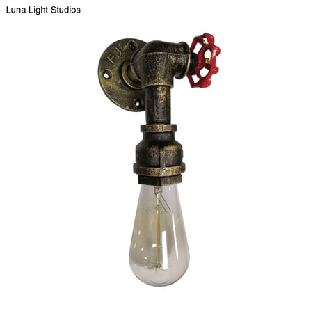 Metal Wall Lighting - Industrial Black/Antique Brass Water Pipe Sconce Light For Bedroom With Valve