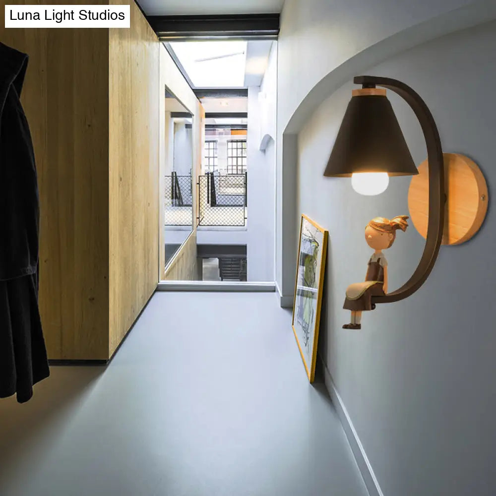 Metal Wall Sconce Light With Funnel Shade - Nordic Style Ideal For Child Bedroom Or Kitchen Black